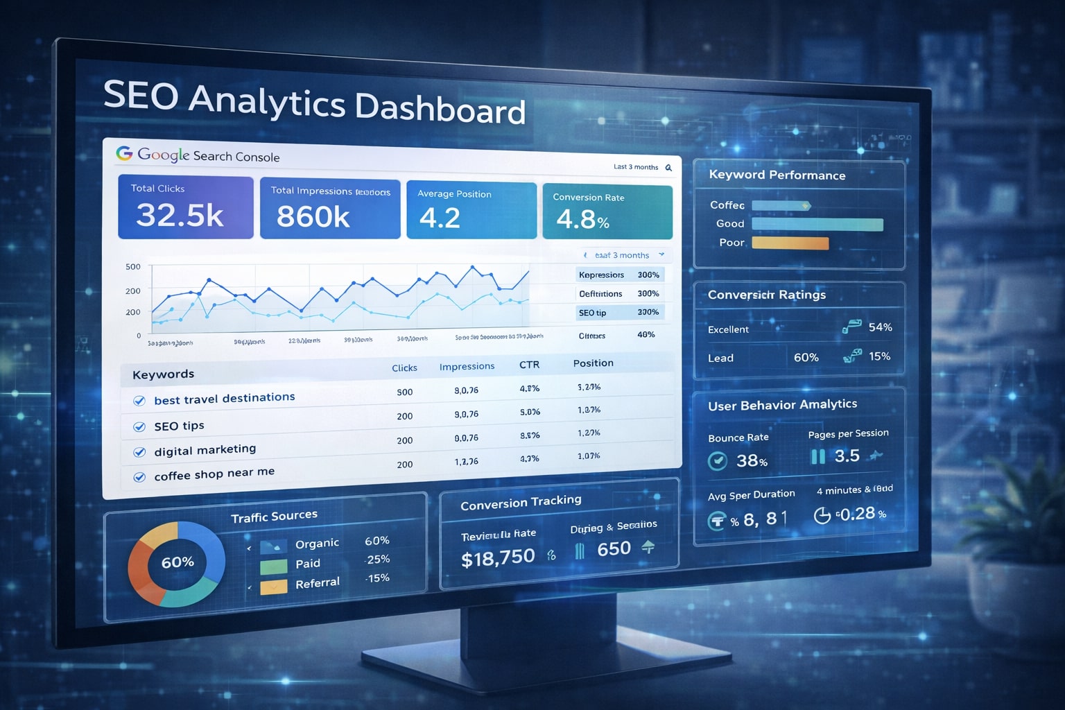 Dashboard analitik SEO dengan Google Search Console, metrik lalu lintas, dan pelacakan kinerja kata kunci