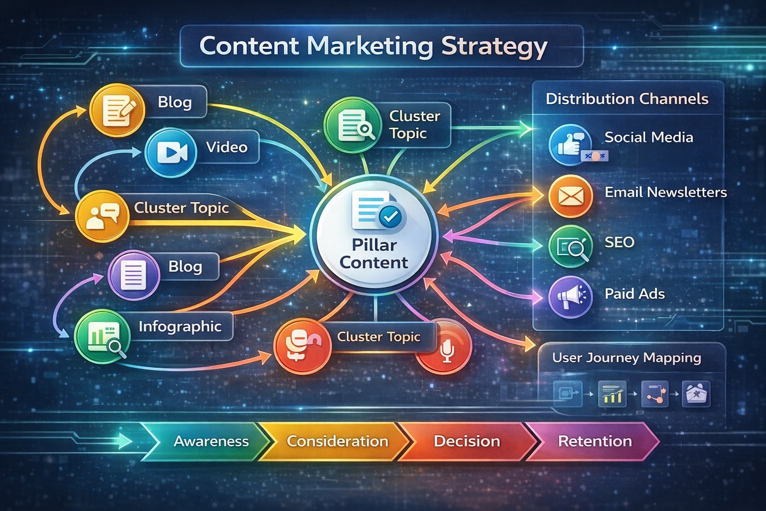 Strategi pemasaran konten SEO dengan konten pilar, topik kluster, dan berbagai format konten
