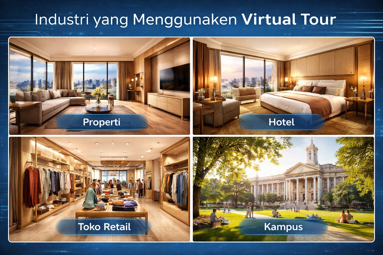 Empat industri yang menggunakan virtual tour 360: properti, hotel, retail, dan pendidikan di Indonesia