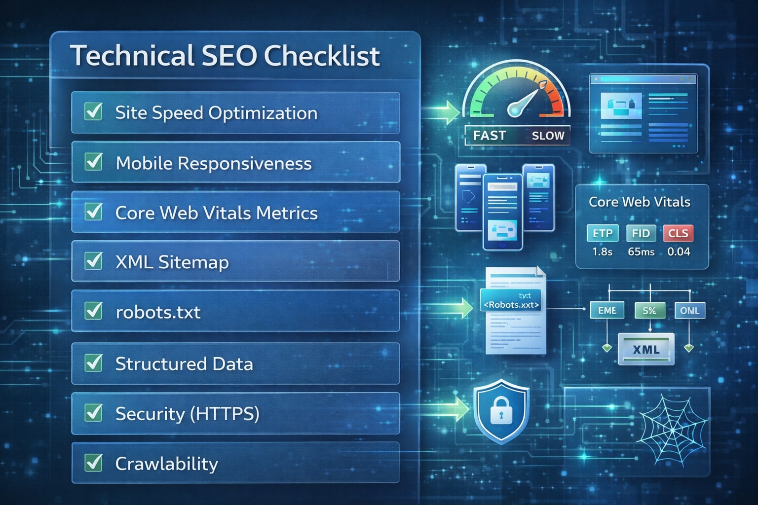 Daftar periksa SEO teknis meliputi kecepatan, ramah seluler, Core Web Vitals, dan data terstruktur