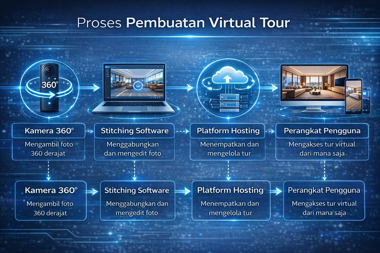Diagram alur kerja pembuatan virtual tour dari kamera 360 hingga platform hosting dan perangkat viewing