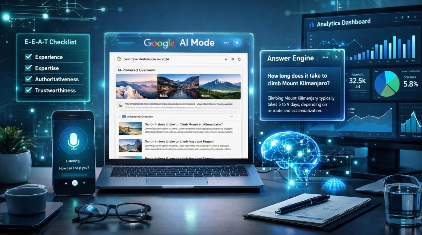 Workspace SEO modern menampilkan Google AI Mode, Answer Engine, dan strategi optimasi E-E-A-T