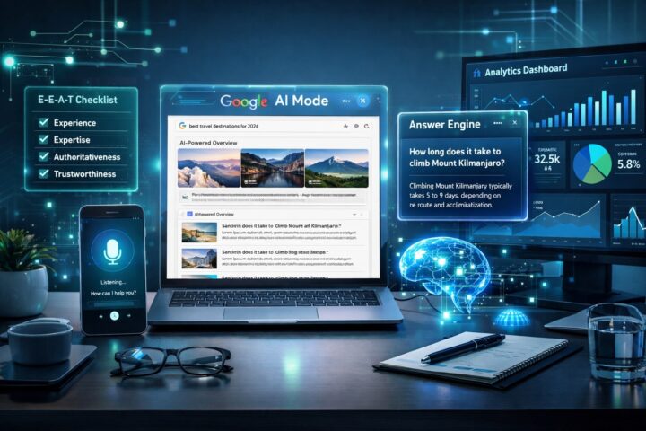 Workspace SEO modern menampilkan Google AI Mode, Answer Engine, dan strategi optimasi E-E-A-T