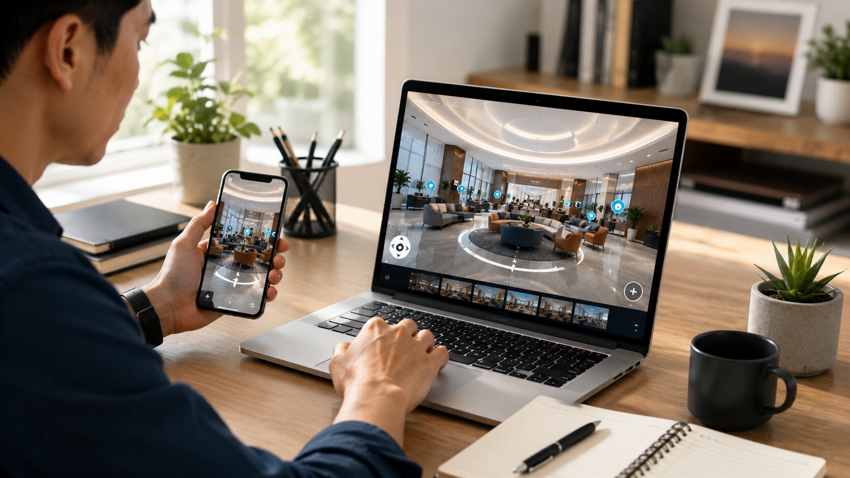 Calon pelanggan melihat virtual tour bisnis melalui laptop